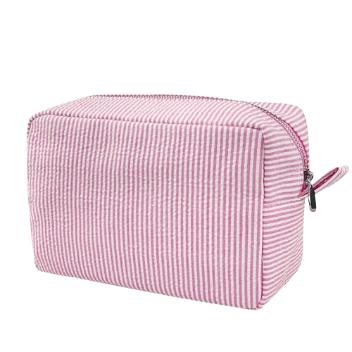 pink striped makeup bag