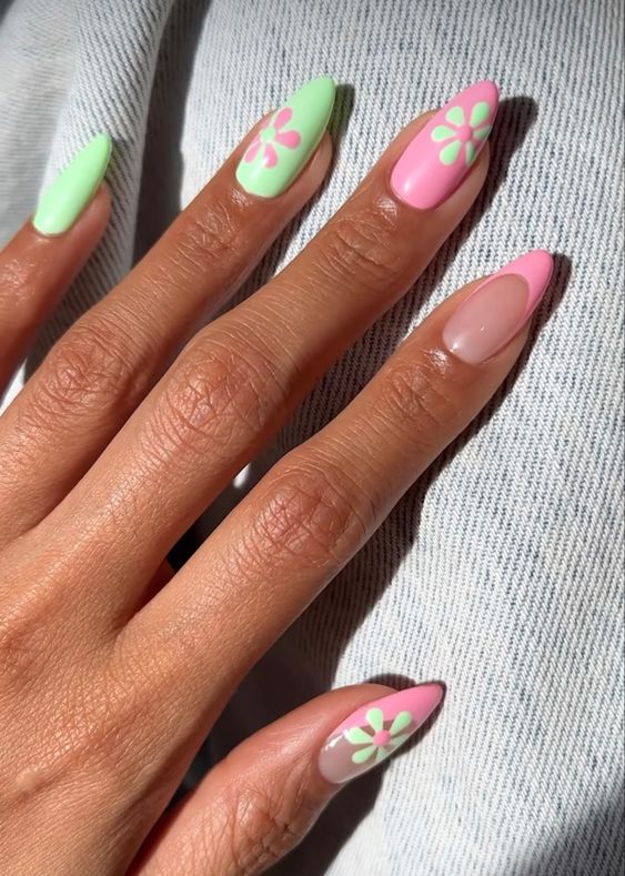 pink and green spring nail design